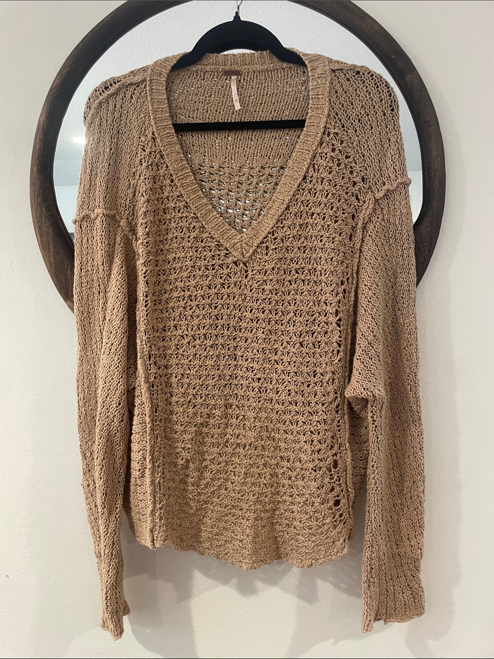 Free People Open Knit V-Neck Sweater in Brown